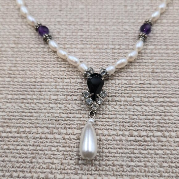 16.5 + 3 Inch Sterling Silver Pearls And Amethyst Stones Necklace B1006 - Picture 3 of 7